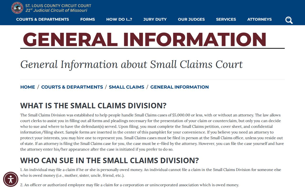 St. Louis County Small Claims information page