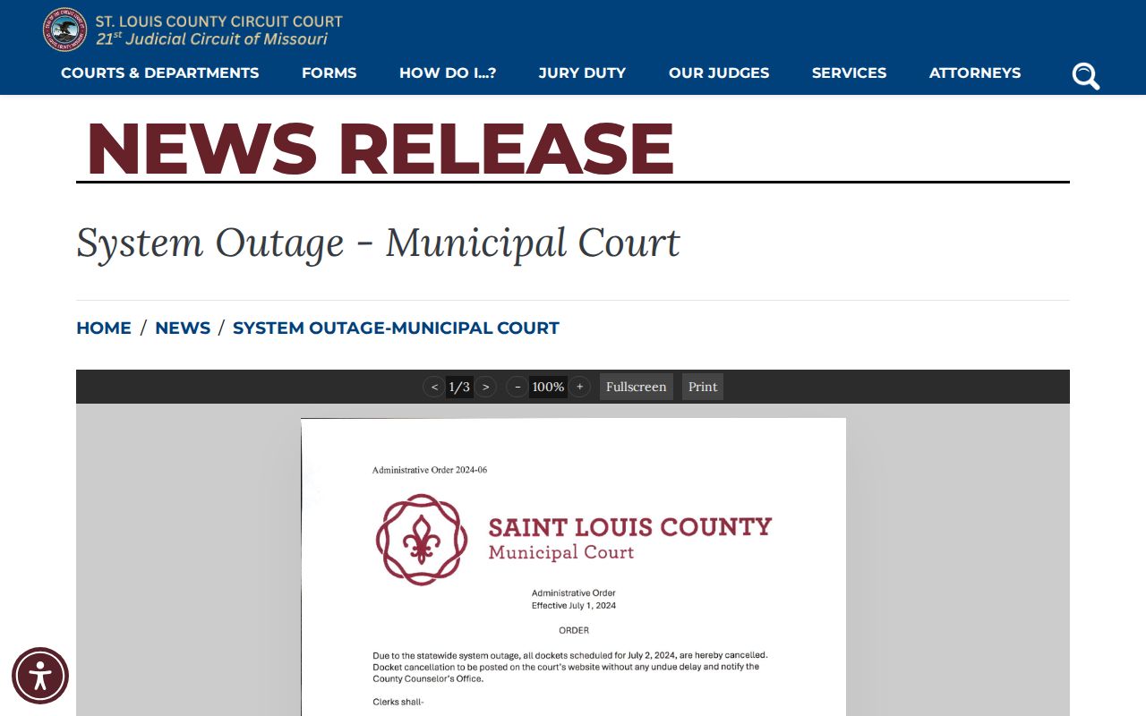 St. Louis County court calendar municipal system outage notice